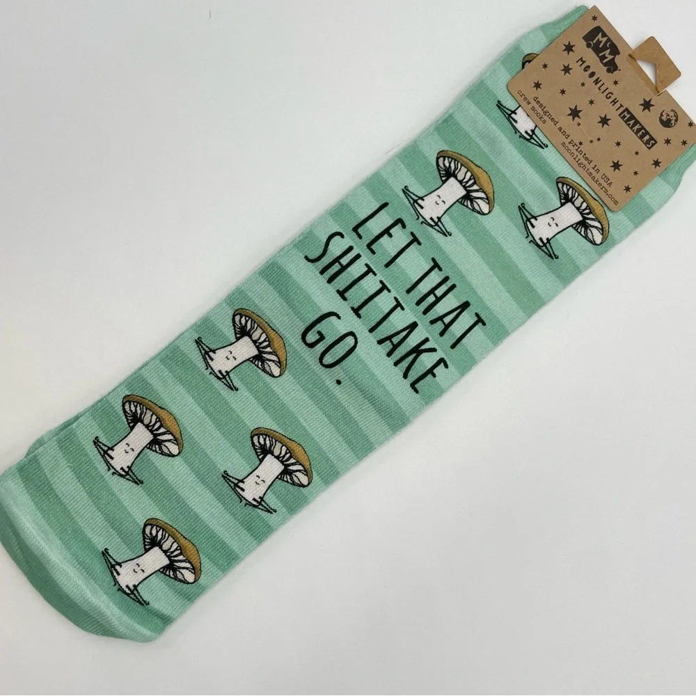 Let That Shitake Go Socks Mushroom Novelty Unisex Pun‎ Green Stripe One Size NWT